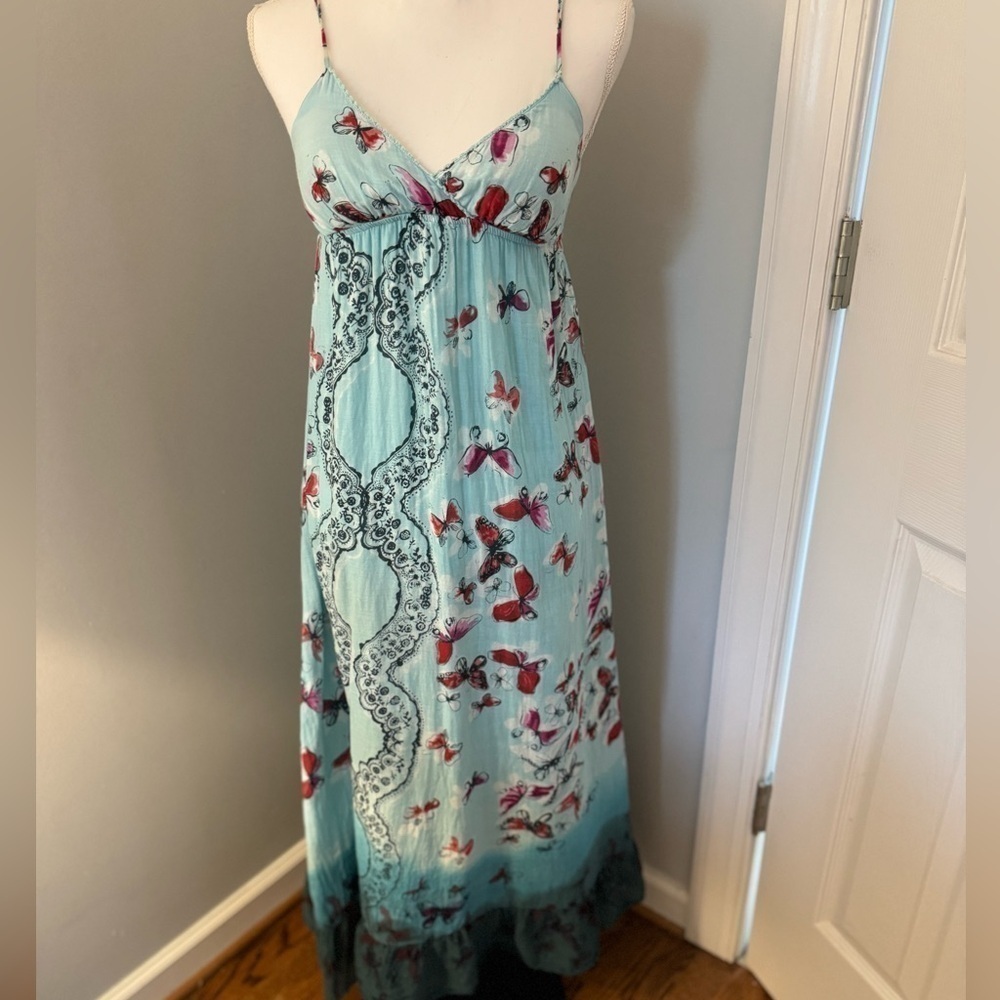 Beautiful Derek Heart Turquoise Butterfly Maxi Dress w/padded cups Size M